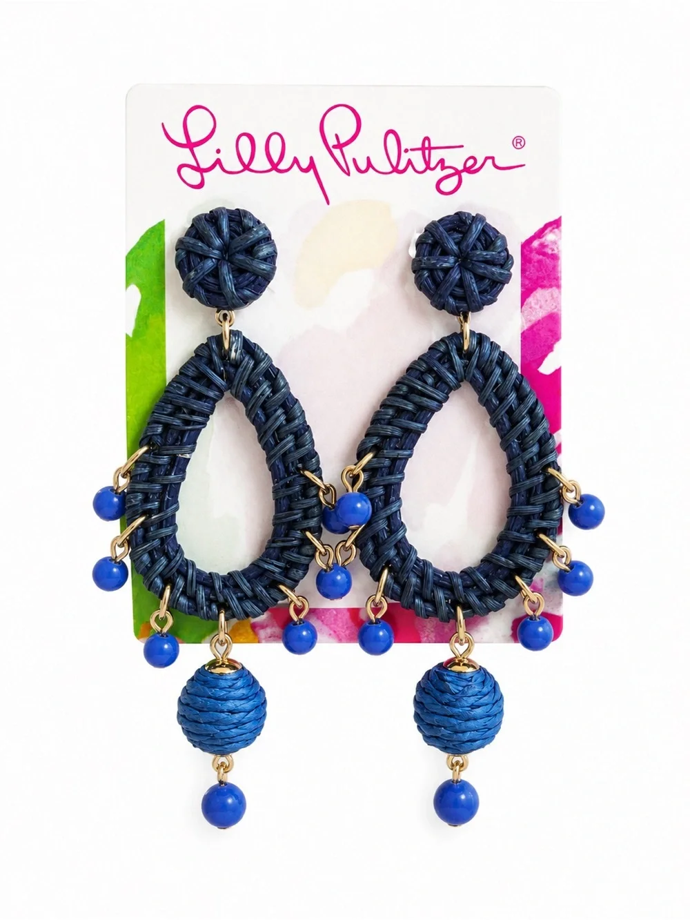 Lilly Pulitzer Navy Raffia Statement Drop Earrings Blue Beaded Resort NWT